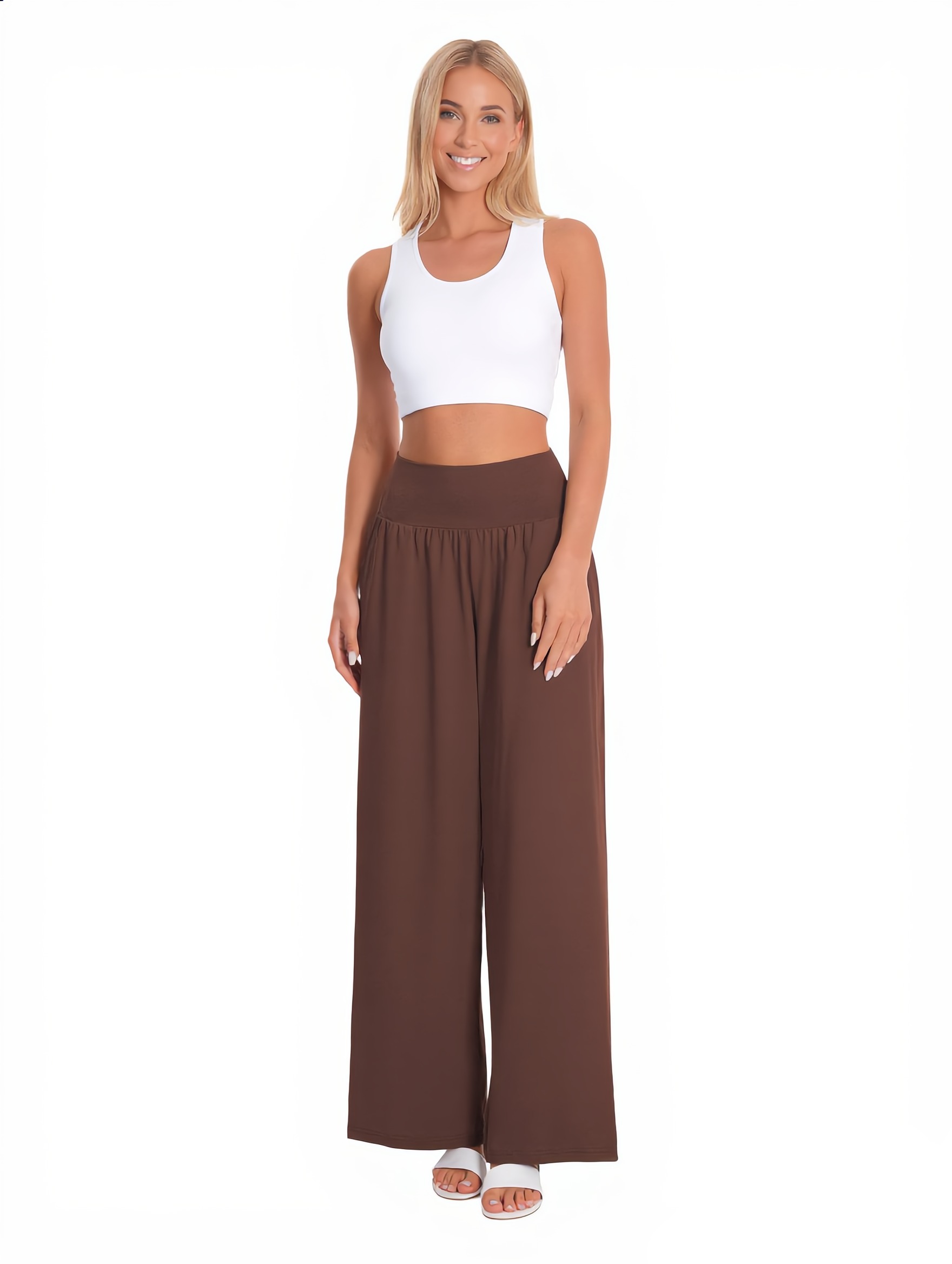 High Waist Wide Leg Yoga Pants with Pockets — Coffee